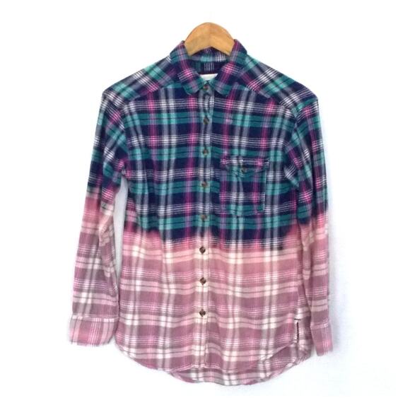 Custom Upcycled Bleached Blue Purple Plaid Button Down Shirt Dip Dye Sz XS - Picture 1 of 3